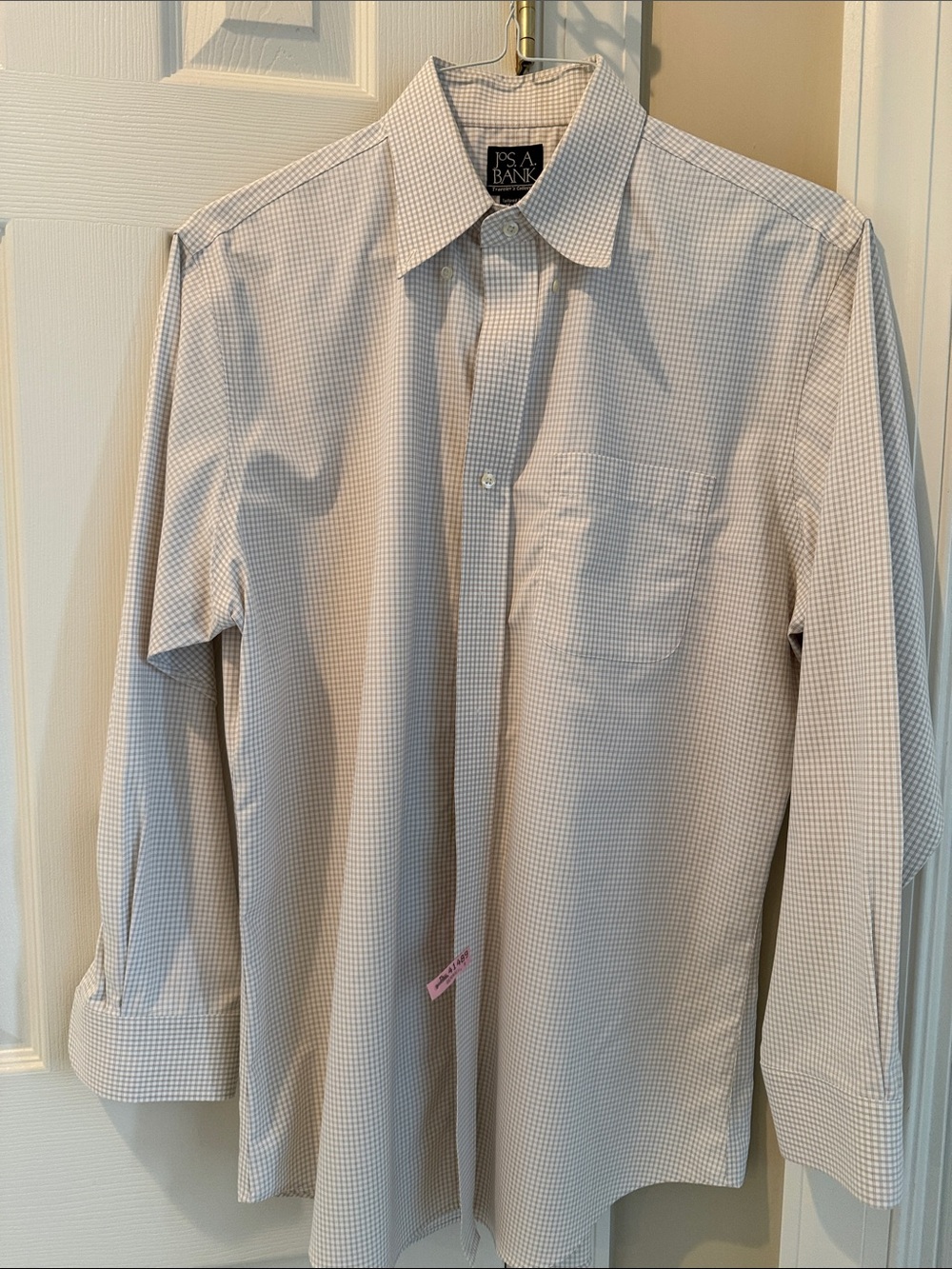 Jos. A. Bank Men's White and Light Tan Micro-Check Dress Shirt